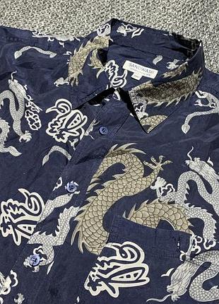 Чоловіча шовкова сорочка синя в китайському стилі з драконами дуже тонка sandwash xxl великий розмір