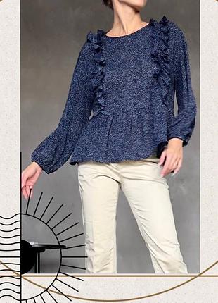 Синя романтична блуза вільна волан рюші блузочка довгий рукав оверсайз горох класика кофта oldmoney