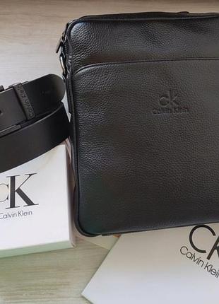 Br s стильный кожаный набор calvin HW0HW01150 black, сумка мессенджер и ремень
