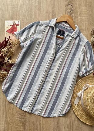 Лляна сорочка в полоску з льону на короткий рукав натуральна тканина