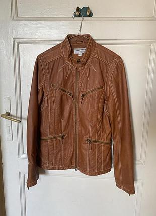 Куртка женская кожаная демисезонная heine real leather jacket коричневая с контрастными швами размер l