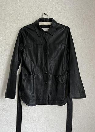 Чорна шкіряна жіноча сорочка з поясом с/м