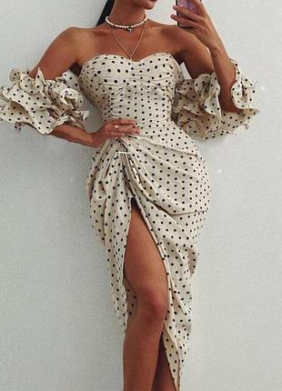Распродажа платье prettylittlething миди горох каскадные рукава драпировки