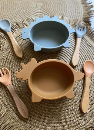 Посуд дитячий набір силіконового посуду для дітей динозаврики, посуд для дітей