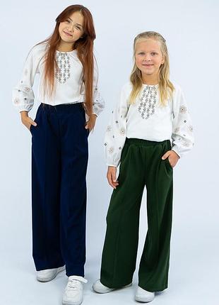 3 кольори 🤎💙💚широкие брюки палаццо, стильные школьные брюки палаццо, детские брюки школьные клеш, клешоны легкие широкие брюки со стрелками для школы