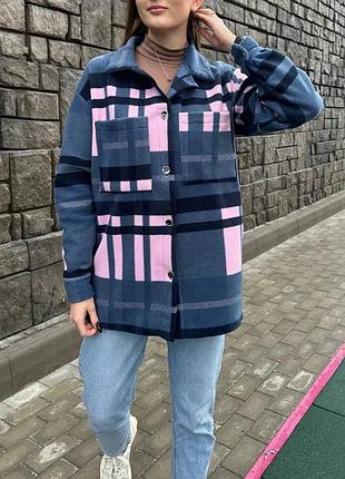 Тепла флісова подовжена сорочка оверсайз в клітинку картата