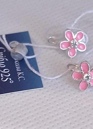 Серебристые розовые детские серьги цветочки