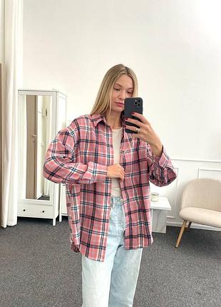 Жіноча стильна рубашка сорочка у клатинку блакитна рожева