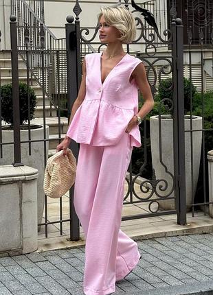 Luxe праздничный брючный костюм брюки высокие жилетка баска пуговицы без рукавов лен бохо льняной