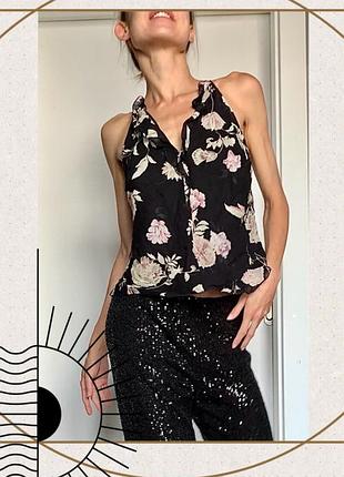 Чорна блуза квіти шифон майка бретелі топ волан рюші класика вільна oldmoney