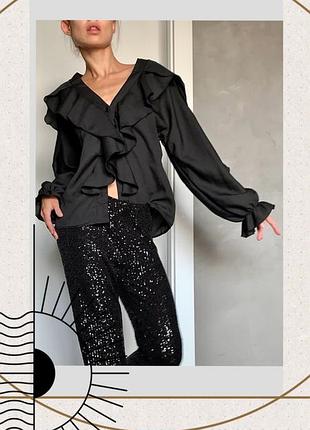 Чорна блуза обʼємна волан тренд оверсайз рюші довгий рукав кофта шифон бохо вінтаж oldmoney