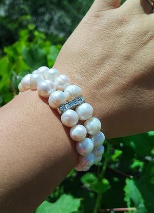 Масивний браслет з перлів натуральних у два ряди великого розміру