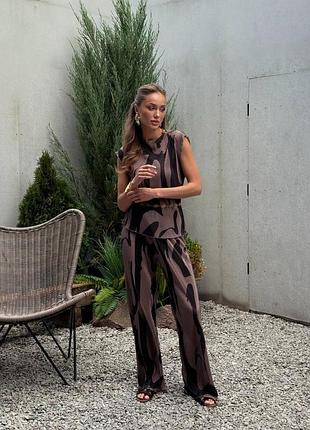 Luxe праздничный элегантный брючный костюм из жатого сатина короткий рукав блуза брюки высокие пятна принт