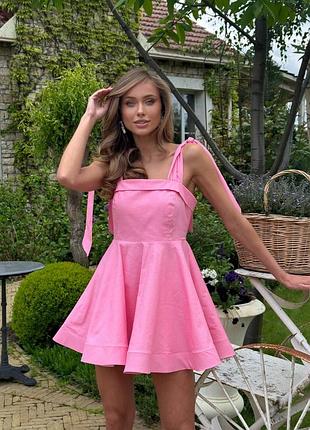 Luxe натуральный лён льняное праздничное платье мини пышное на бретельках сарафан приталенное солнце