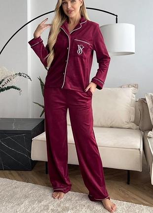 Велюровая пижама с вышивкой, рубашка и штаны, качественный велюр