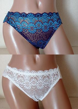 Набор трусиков с кружевом из 3 шт, белые и синие, хлопок, размер л-хл