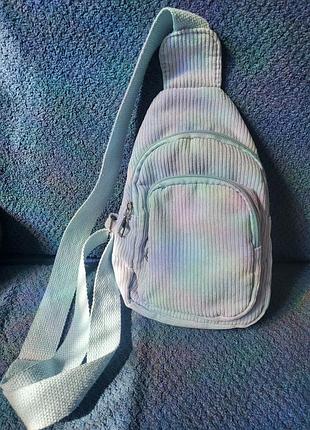 Вельветовая мини сумочка через плечо слинг женская мини рюкзак в рубчик бананка голубая