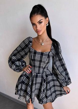 Luxe мини платье в клетку большую шнуровка по спинке солнце фонарь рукава декольте квадратное корсет