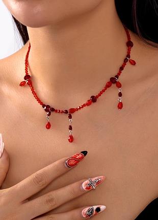 Колье асимметричное красное ожерелье готическое с подвесками бусы тренд