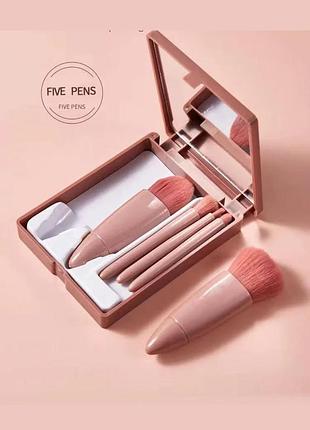 Набор кистей для макияжа, размер 5 штук в футляре без бренду персиковый