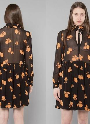 Шикарне шифонове чорне плаття жовтогарячий квітковий принт із кишенями ganni