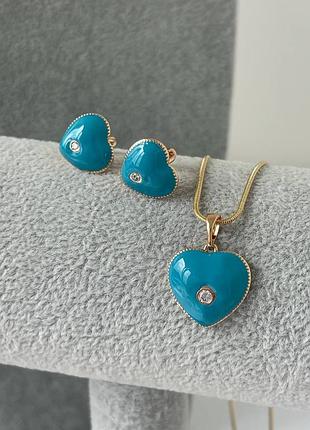 Набор медсплав медзолото, синяя эмаль сердечки, серьги кулон и цепь снейк