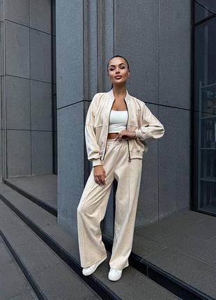 Замшевый бежевый костюм кофта + брюки, женский свободный костюм из замши без капюшона, 7080