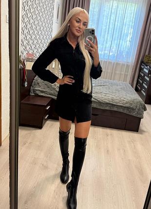 Женская удлиненная черная рубашка/платье-рубашка