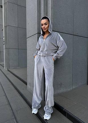 Велюровый спортивный костюм с капюшоном графит, женский спортивный костюм из велюра, 7079