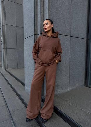 Женский спортивный костюм худи + штаны шоколад, костюм объемное худи с прямыми штаньми петля, 7081