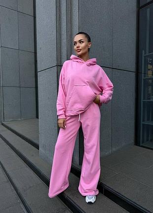 Женский спортивный костюм худи + штаны розовый, костюм объемное худи с прямыми штаньми петля, 7081