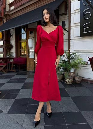 Платье женское миди приталенное с рукавами фонариками буфами элегантное праздничное офисное вечернее нарядное красное