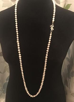 Довга нитка 115см справжніх натуральних перлів позолочена 18ct ювелірна застібка з фіанітами