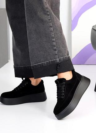 Крутые черные кроссовки замшевые натуральная замша на платформе, осенние женские кроссовки, девчачьи на толстой подошве