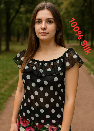Шикарная шёлковая блузка черного цвета в горошек warehouse с биркой