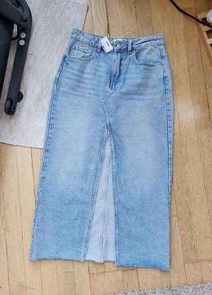 Юбка миди джинсовая женская с разрезом голубая трендовая sinsay