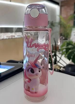 Пляшечка для води 700мл. з соломинкою, рожева, з єдинорогом