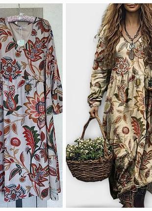Демисезонные платья, длинный рукав, акварельный цветочный принт, карманы, свободный крой, стиль бохо-кантри marie & gabriele (2 xl)