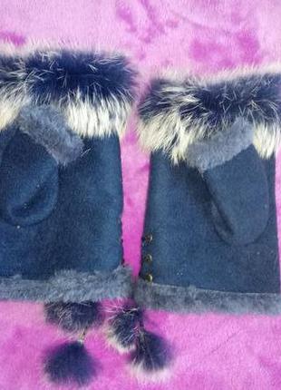 Теплі гарні рукавички без пальчиків з натуральним хутром5 фото