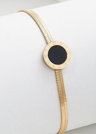 Браслет на руку золотой плоский с черным кулоном "часы" новые
