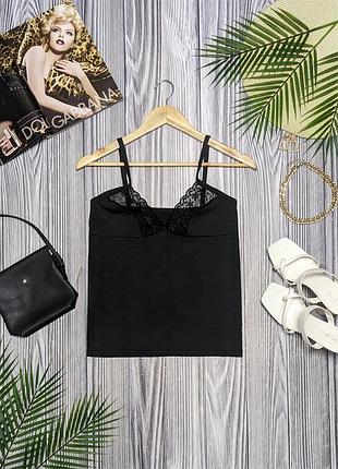 Черная трикотажная хлопковая майка с кружевом #4188