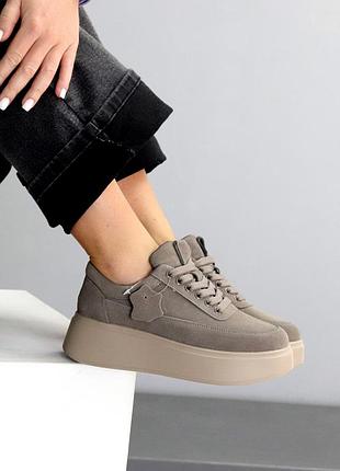 Замшеві кросівки на платформі сірі, кеди на високій підошві 25081