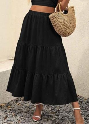 Лляна ярусна чорна спідниця розмір л хл суміш льон віскоза