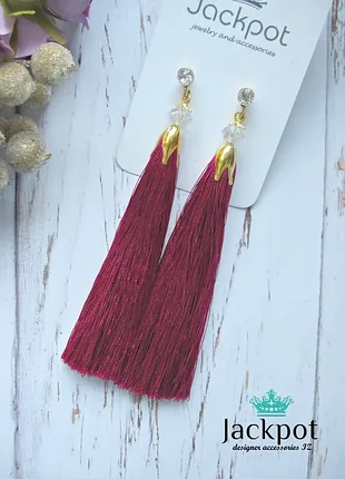 Довгі сережки китиці з кристалами колір фуксія