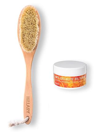Масажна щітка для сухого масажу сизалева hillary + антицелюлітний розігріваючий скраб для тіла hillary