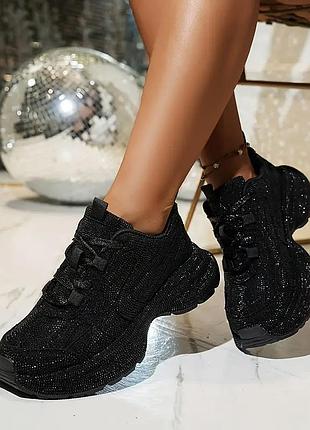 ▪️жіночі чорні нові блискучі кросівки весна осінь в камінцях, женские новые чёрные черные кроссовки в камнях блестящие
