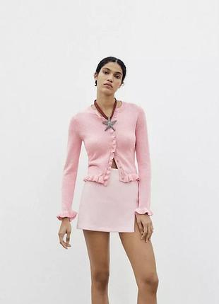 Жіночий бавовняний кардиган з воланами та круглим коміром, рожевий, zara, розмір m