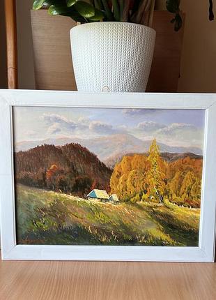 Картина масло холст художник андрусяк пейзаж  "хатина в осінніх карпатах" гори україна подарунок