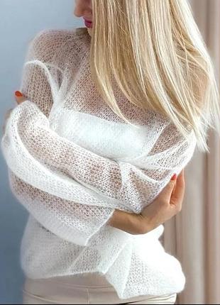 Светр павутинка колір білий, повітря в'язаний светр оверсайз