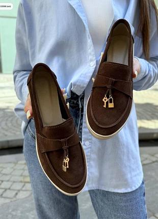 Накладной платеж ❤ шоколадные натуральные кожаные замшевые лоферы с замочком и ключиком